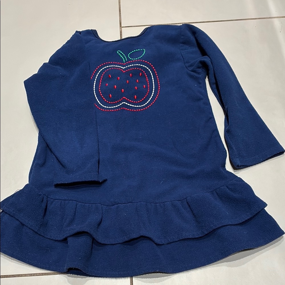 Blue Fleece Dress with Apple Embroidery